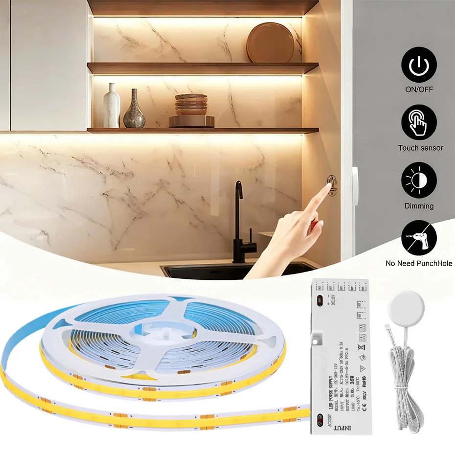 EU AU UK US Penetrable Wood Touch Dimmable LED Cabinet Light COB Strip Led 12V 1-5m Wardrobe Shelf Pantry Storage Kitchen Lam