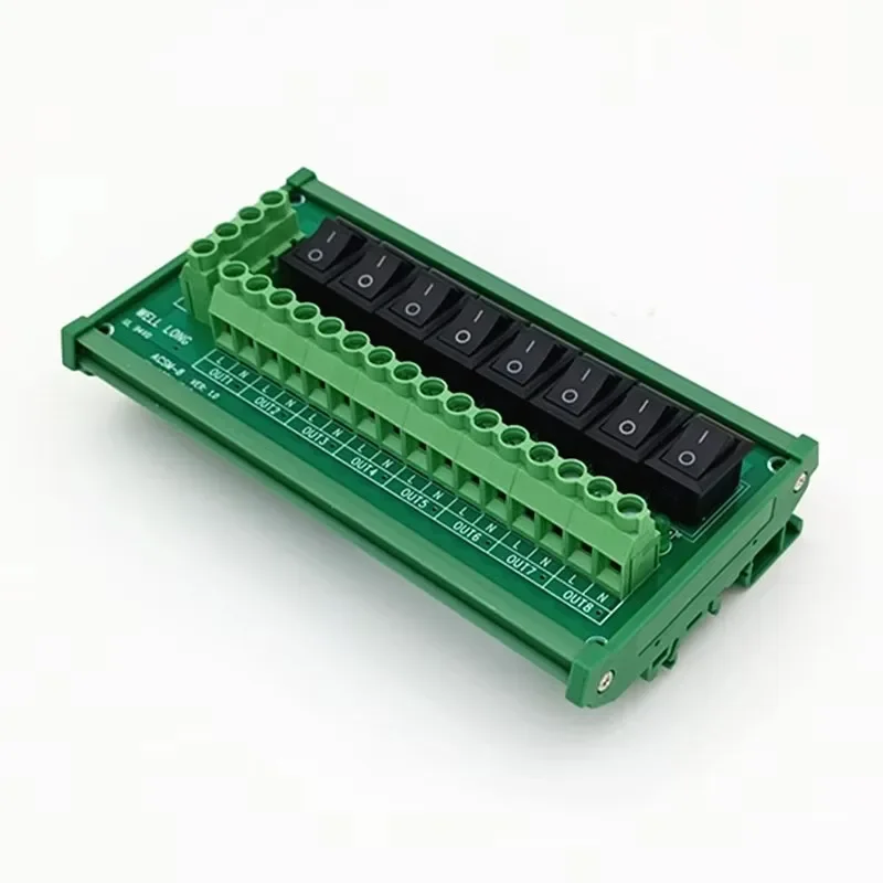 DIN Rail Mount Rocker 8 Channel Black Switch AC 125V 250V Power Distribution Strip Module  Supports Multiple Connections