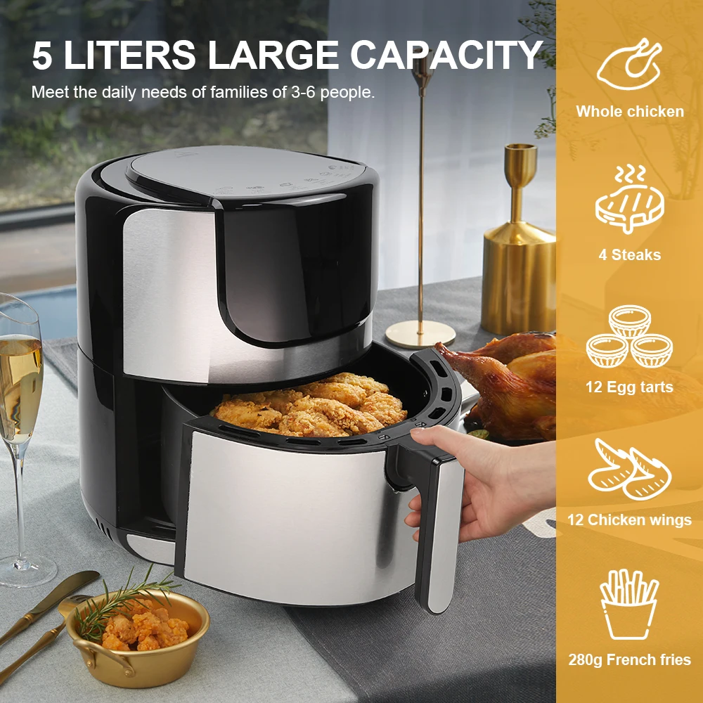 ELPIS 5 ลิตร Air Fryer LED Touchscreen Smart Airfryer เตาอบปลอดน้ำมันสแตนเลสหม้อทอดไฟฟ้าครัวทำอาหารเครื่องใช้