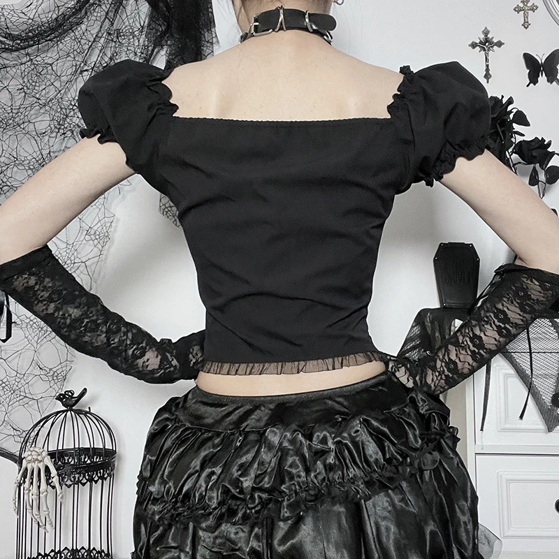 Goth Lace Mesh Short Sleeves T-Shirts Y2K Vintage Aesthetic Sexy See Through Black Lace-up Corset Crop Tops Women Summer Tees