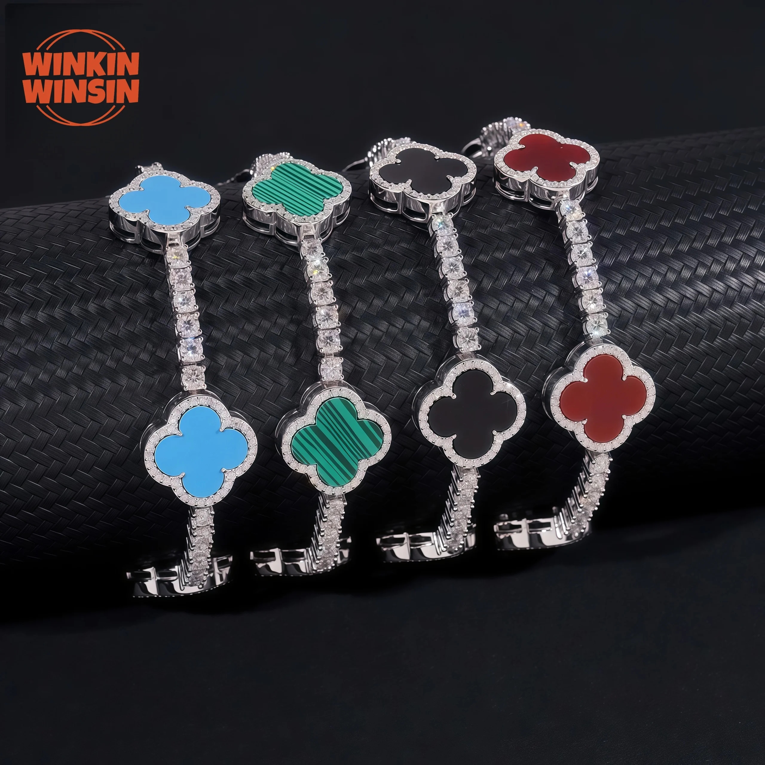 

WinkinWinsin Luxury 925 Sterling Silver Tennis Bracelet BangleFour Leaf Clover Certificate Moissanite Chain Bracelet Jewelry