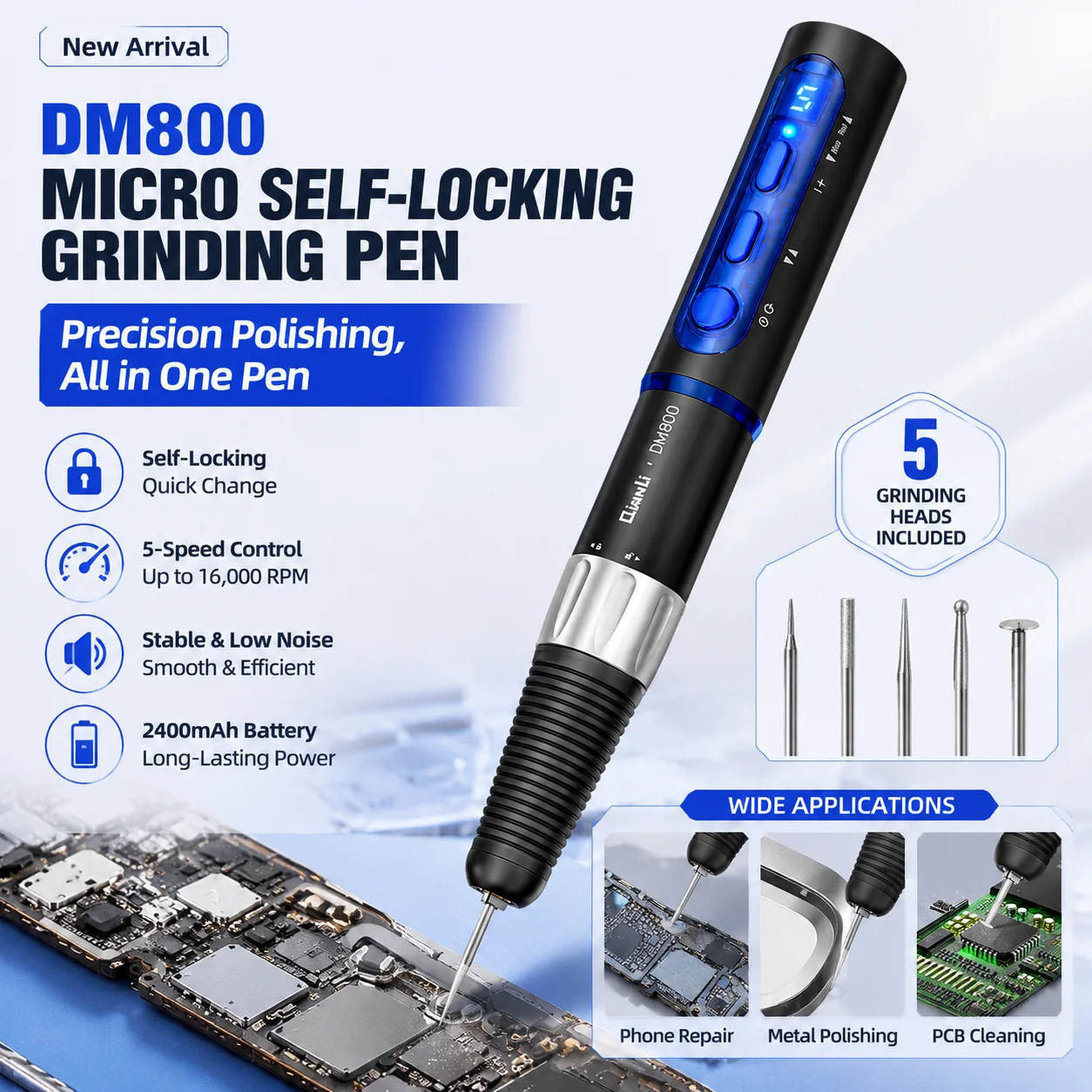 QIANLI Multi‑Speed DM800 Mini Grinding Pen High‑Torque Low‑Noise Precision Polisher for Mobile Phone PCB IC Chip Repair Tools