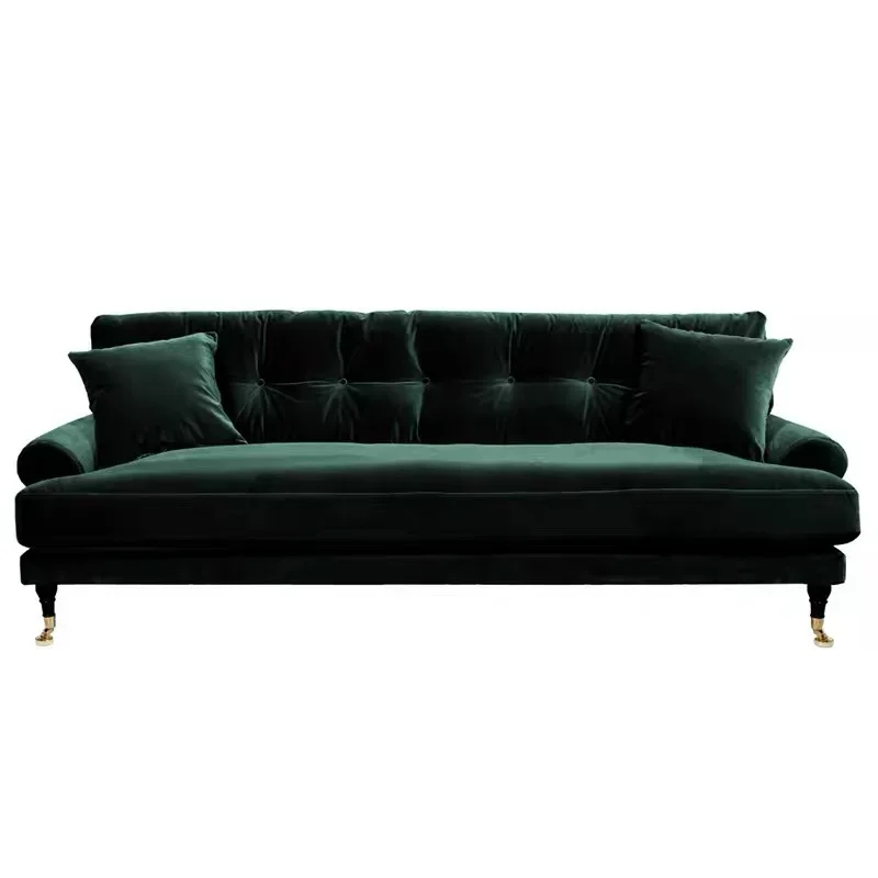 

Light luxury three-person sofa down filled removable and washable American retro yellow style velvet dark green sofa