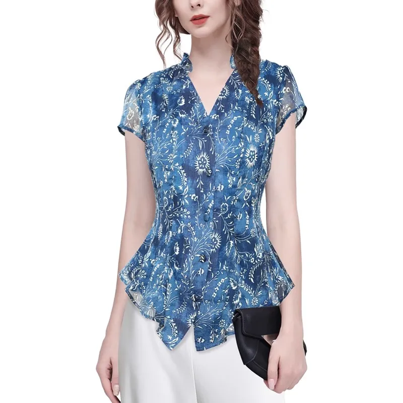 Moda floral plantas imprimir feminino manga curta com decote em v azul chiffon blusa topos para o verão vintage casual magro botão camisas