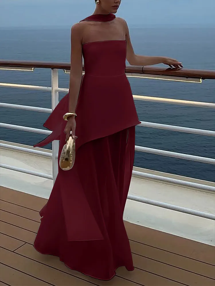 ชุดเดรสยาวสไตล์สตรีทแฟชั่นสำหรับฤดูร้อน  ตกแต่งด้วยริบบิ้นและซิป  ผ่าข้าง  แบบเรียบหรู  เซ็กซี่  ไม่มีแขน  แบบสายเดี่ยว  สำหรับผู้หญิง