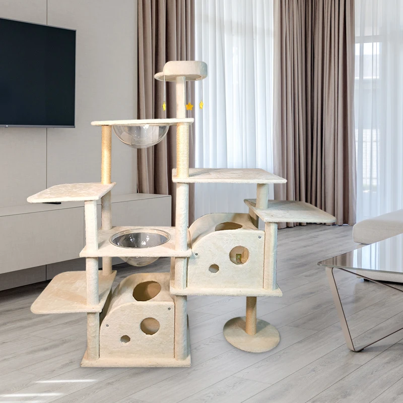

High Quality Customizable Large Wooden and Plush Cat Play Tree Tower Strong Climbing House Toy for Scratching