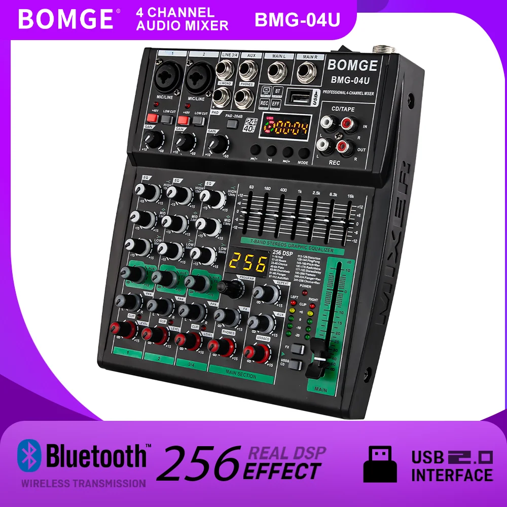 Audio Interface - BOMGE 256DSP Soundkonsole, 4-Kanal-Audiomixer mit Bluetooth-Aufnahme,