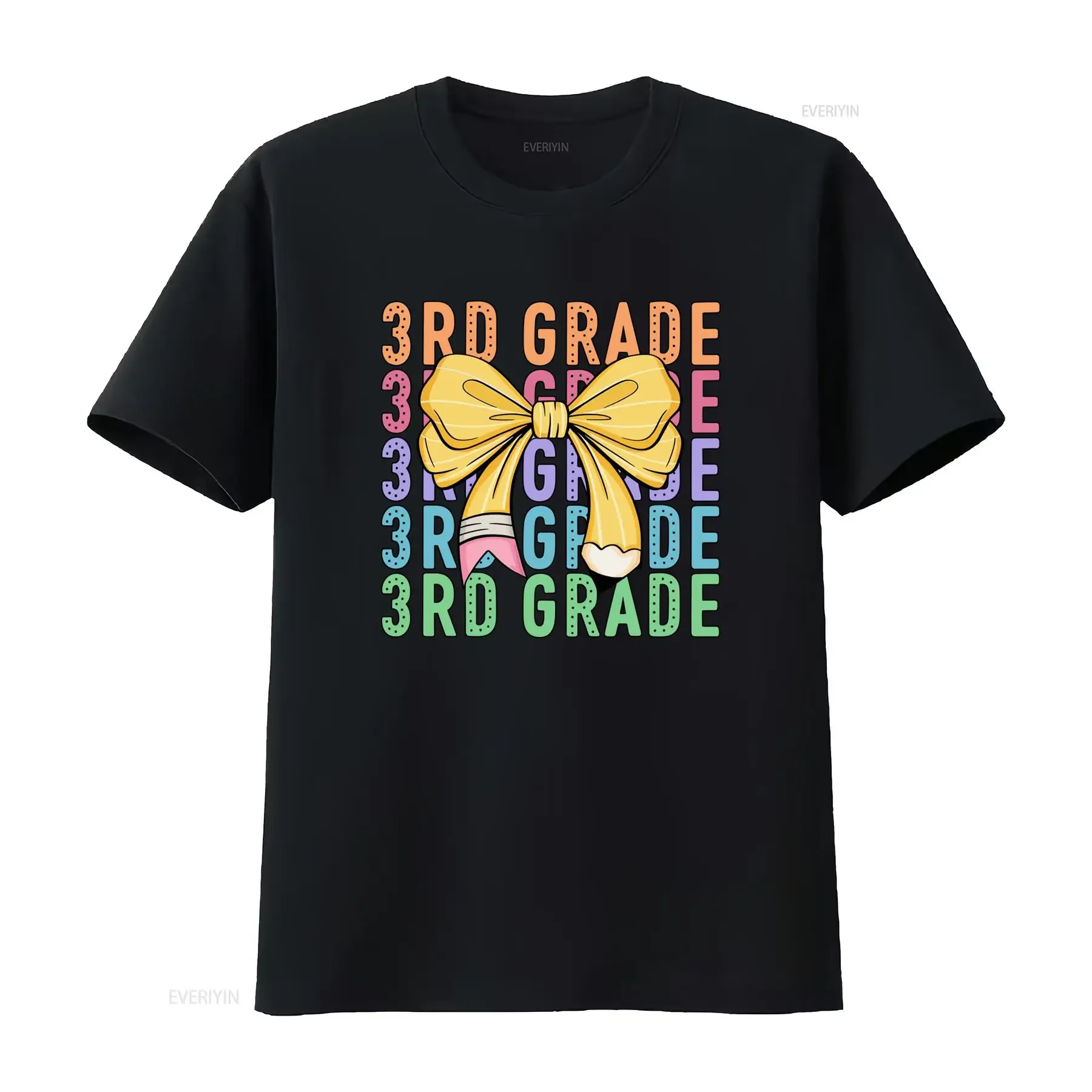 Cute Cartoon 3rd Grade Pencil Bow Back To School Print Casual T Shirt vintage Washed Breathable fashion Comfortable streetwear