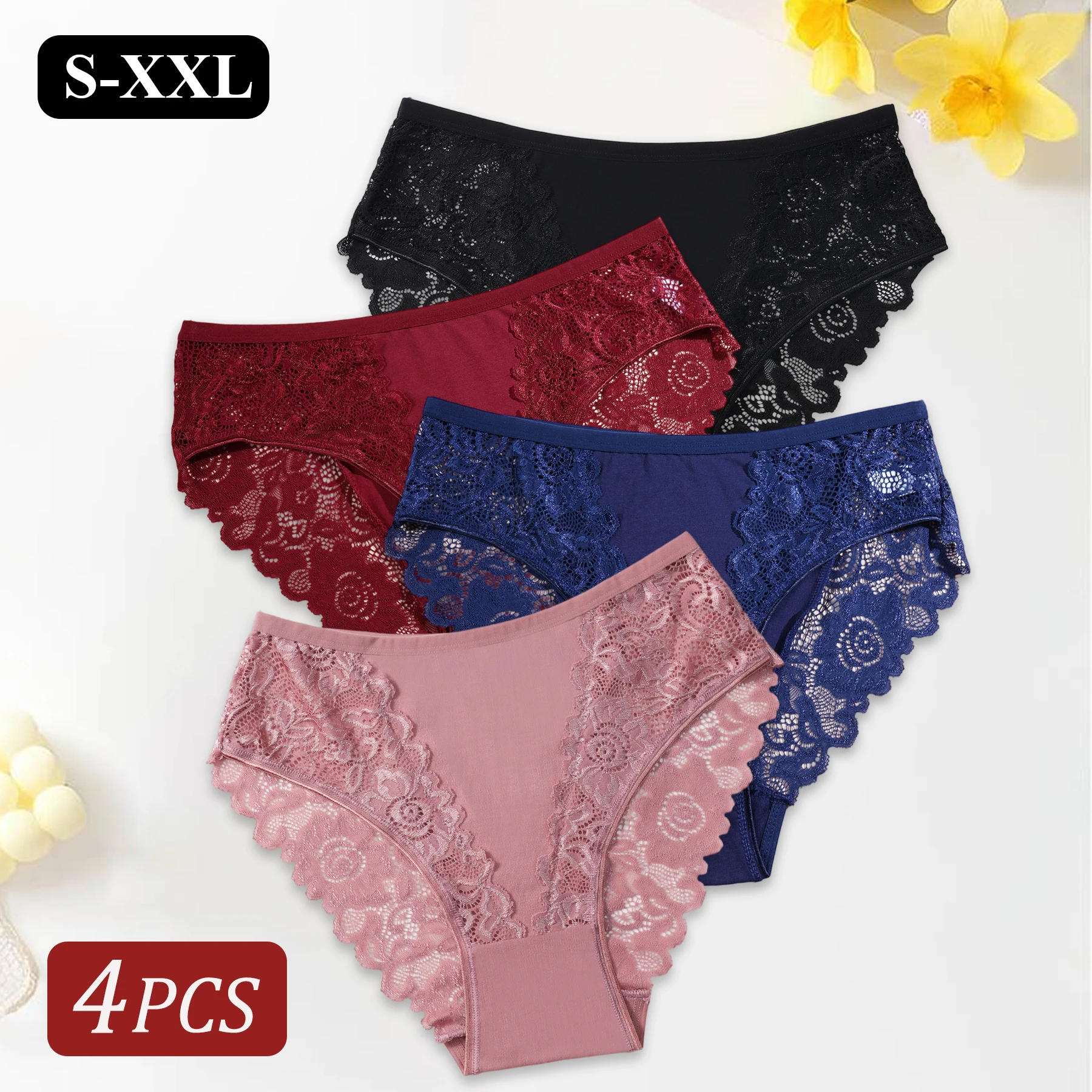 

4 шт., романтическое сексуальное женское нижнее белье, элегантные кружевные хлопковые трусики с цветочным принтом, женские удобные дышащие трусы, нижнее белье