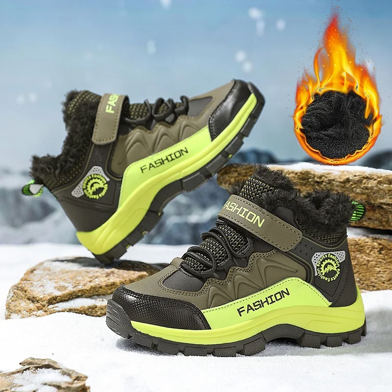 Winter Warm Kids Snow Boots Fleece Lining High Top Trekking Shoes Magic Strap Closure Shock Absorbing Anti-slip Sole Boys Girls