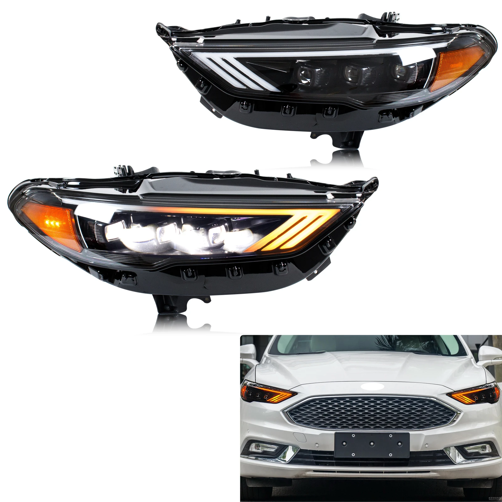 

LED Headlights for Ford Fusion Mondeo 2017-2020 S SE Titanium Sport DRL Projector Sequential Turn Signal Front Lamps Assembly