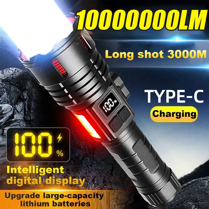 

10000000LM Strong Light LED Flashlight With COB Light Ultra Powerful Torch Lamp Rechargeable Lights For Camping Hunting Patrol