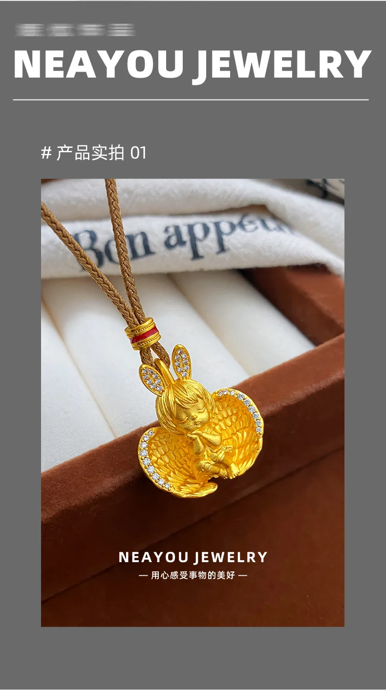 Fylia Jewelry   Light luxury design 24K real gold diamond wings sleeping little angel pendant braided rope 9999 necklace little