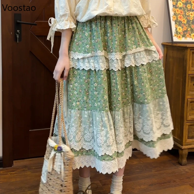 Mori Girl Style Sweet Floral Print Lace Skirt Women Elegant Mesh Patchwork Cotton and Linen Midi Skirt Casual High Waist Skirts