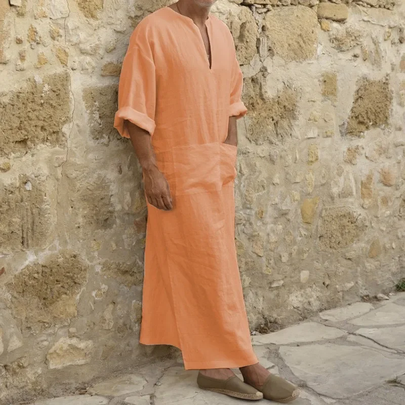 Nowa męska Jubba Thobe Kaftan Muzułmańska Arabska Islamska Dekolt V Krótki Rękaw Jednolita Bawełna Len Szaty Moda Muzułmańska Arabia Mężczyzna abaja