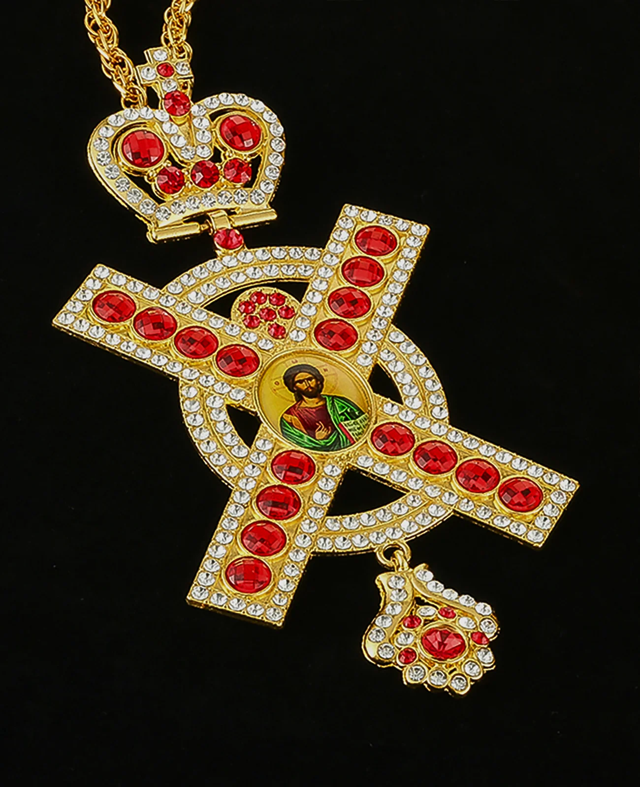 Cottvott Red Zircon Full Rhinestone Orthodox Jesus Pendant Pectoral Cross Necklace 120CM Chain Baptism Communion Jewelry Gifts