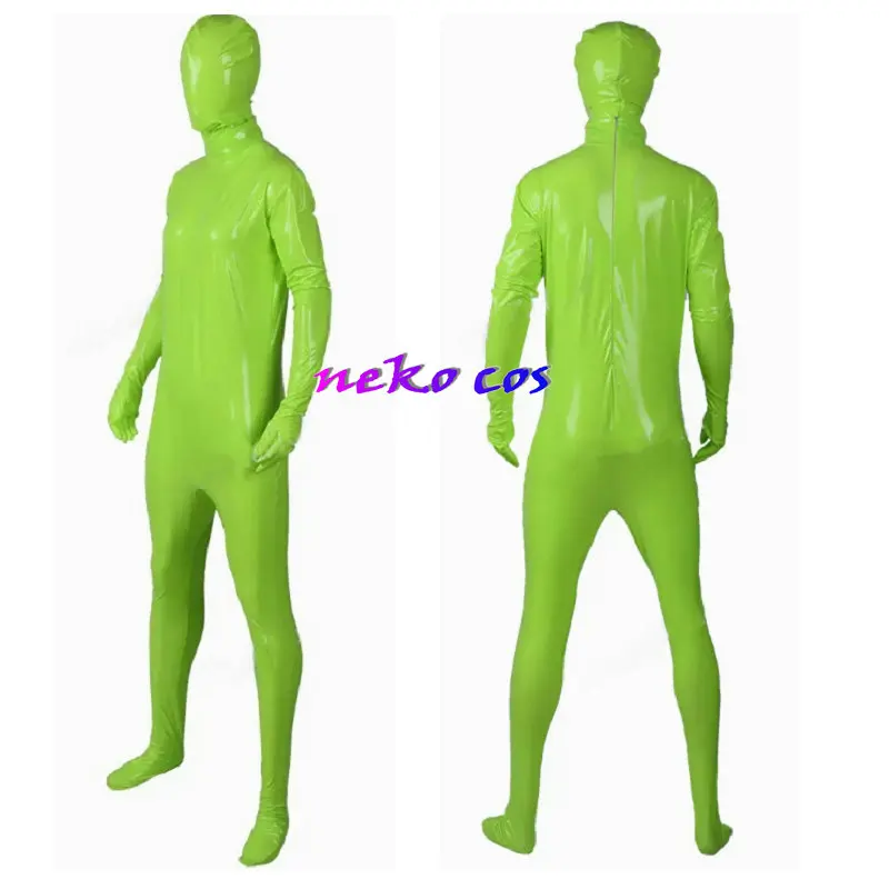 All In One-Overall Bodysuit+mask  Fluorescent green  Four sided elastic PU leather  customized size Cosplay Costume