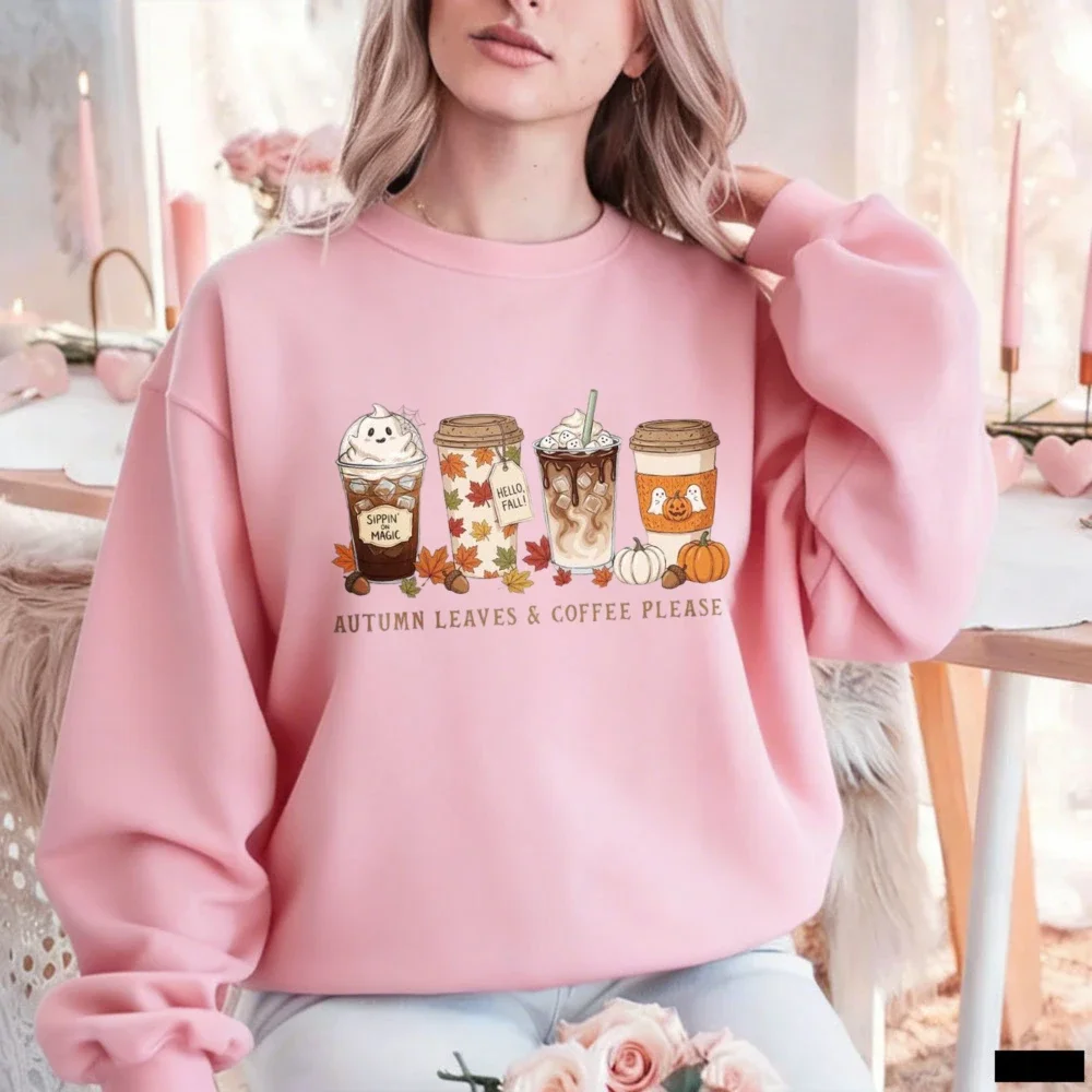 Retro Cozy Autumn Leaves and Coffee Please Sweatshirt Cute Fall Pumpkin Spice Latte Graphic Pullover Women Unisex Winter Top view 2