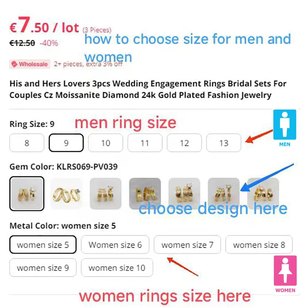 خواتم خطوبة زفاف مطلية بالذهب عيار 18 قيراط على الطراز الأمريكي، مجموعة زفاف، مجوهرات زوجين التحالف، العشاق، هدايا عيد الحب