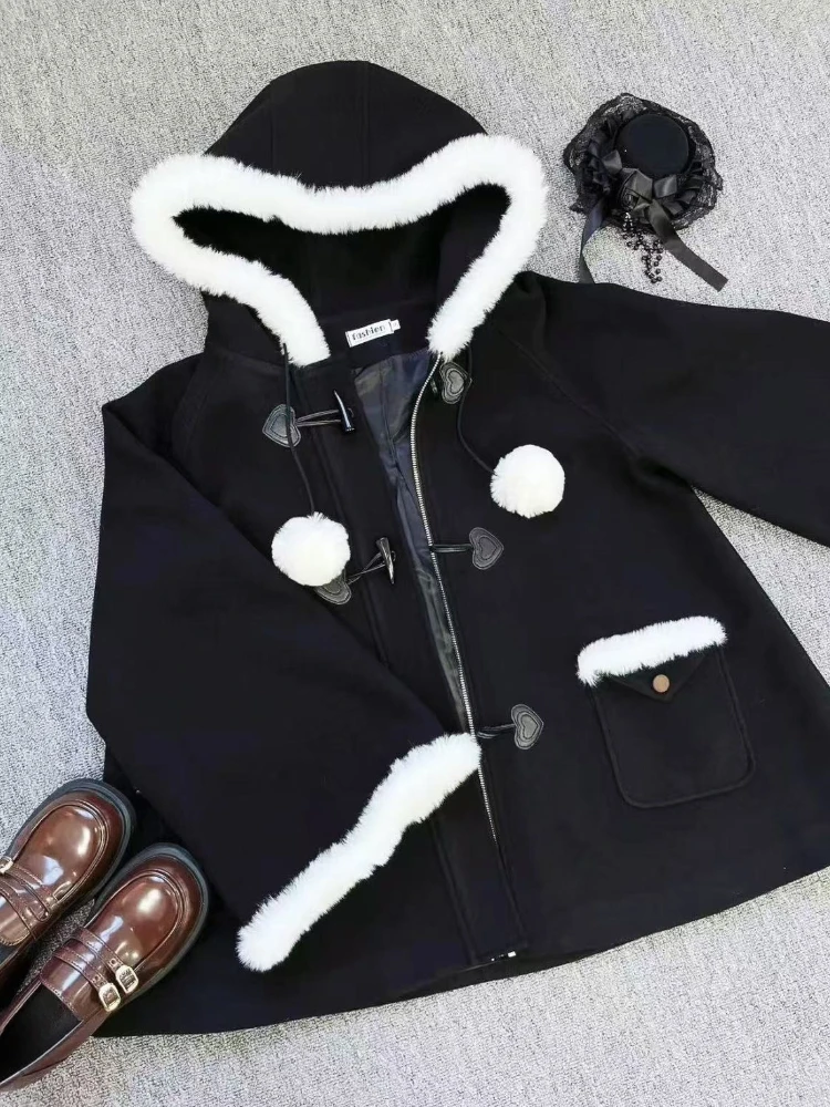 

Темно-готическое черное пальто с капюшоном, женское зимнее пальто из искусственного меха, милая теплая куртка в стиле Лолиты, милая верхняя одежда в стиле Харадзюку, милая рождественская одежда