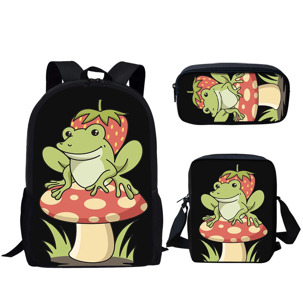 Belidome Casual School Bags Strawberry Frog Print 3Set Lightweught Backpack for Teen Girls Travel Schoolbag Mochila Infantil