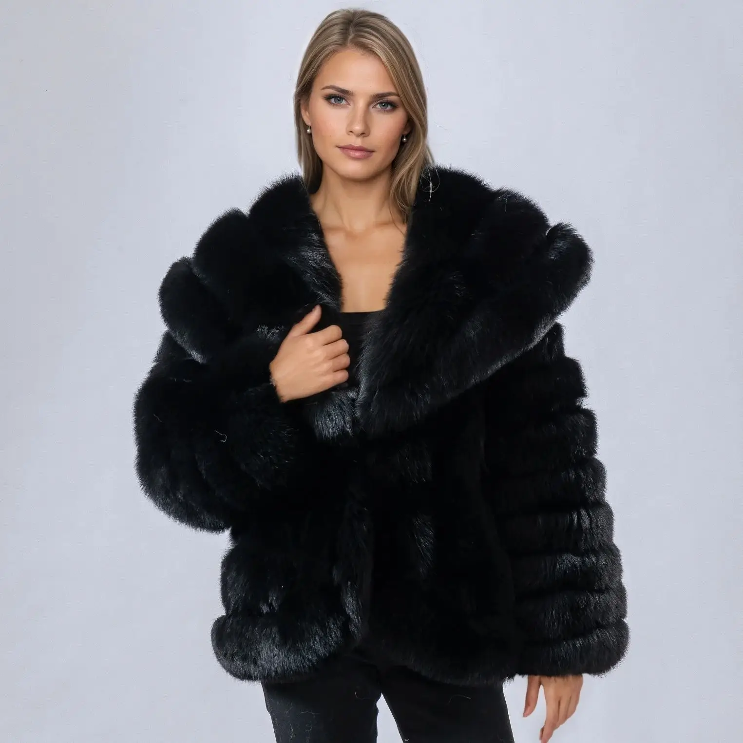 real fox fur coat with big turn down V-neck fashion winter jacket thick warm luxury furry 25A0450