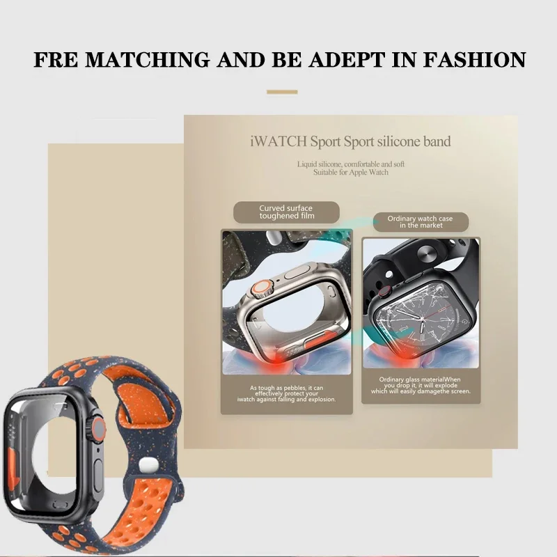 Оригинальный спортивный ремешок и смены на ультракрышку для Apple Watch 9 8 7 45 мм 41 мм, силиконовый ремешок для IWatch 6 5 4 44 мм 40 мм, стекло и фотоэлемент
