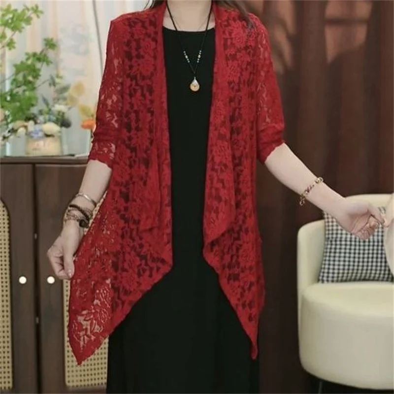 Women Fashion Thin Jacket Irregular Versatile Slim Hollowed-out Medium To Long Sunscreen Cardigan Jacket Shawl Outerwear Summer