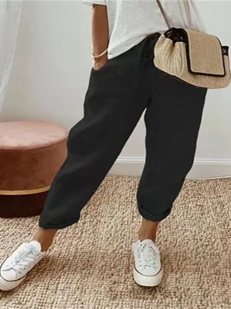 Sommer Baumwoll-Leinen-Hose für Damen mit Hoher Taille, Kordelzug, Elastisch, Lässige Hose, Weich und Atmungsaktiv, Lockere Bleistifthose – Detail 5