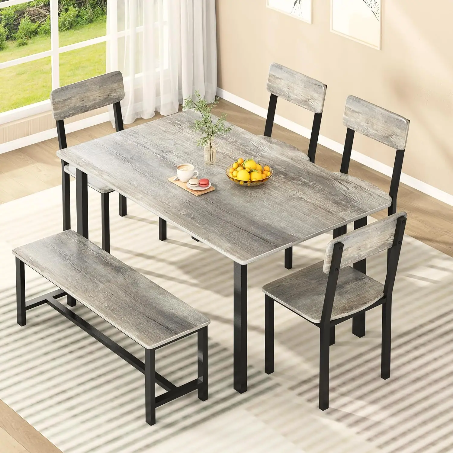 Ensemble de table à manger pour 6, table de cuisine moderne avec chaises et banc, ensemble de salle à manger 6 pièces avec cadre en métal et planche NW, gris