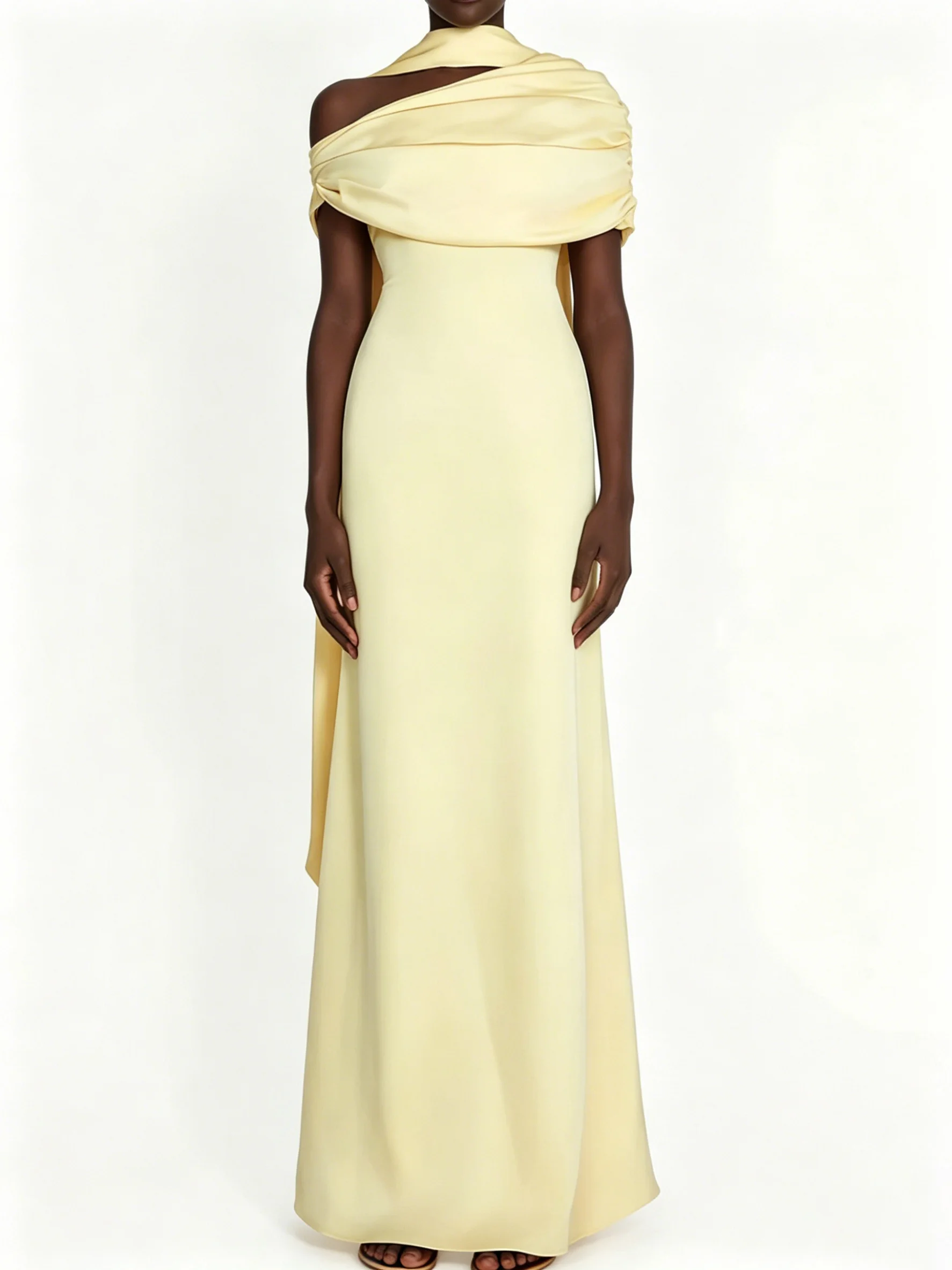 

Diagonal Shawl Yellow Ruched Maxi Dress Chic Solid Sleeveless Waist Back Zipper No ribbon Lady Evening Prom Party Gowns