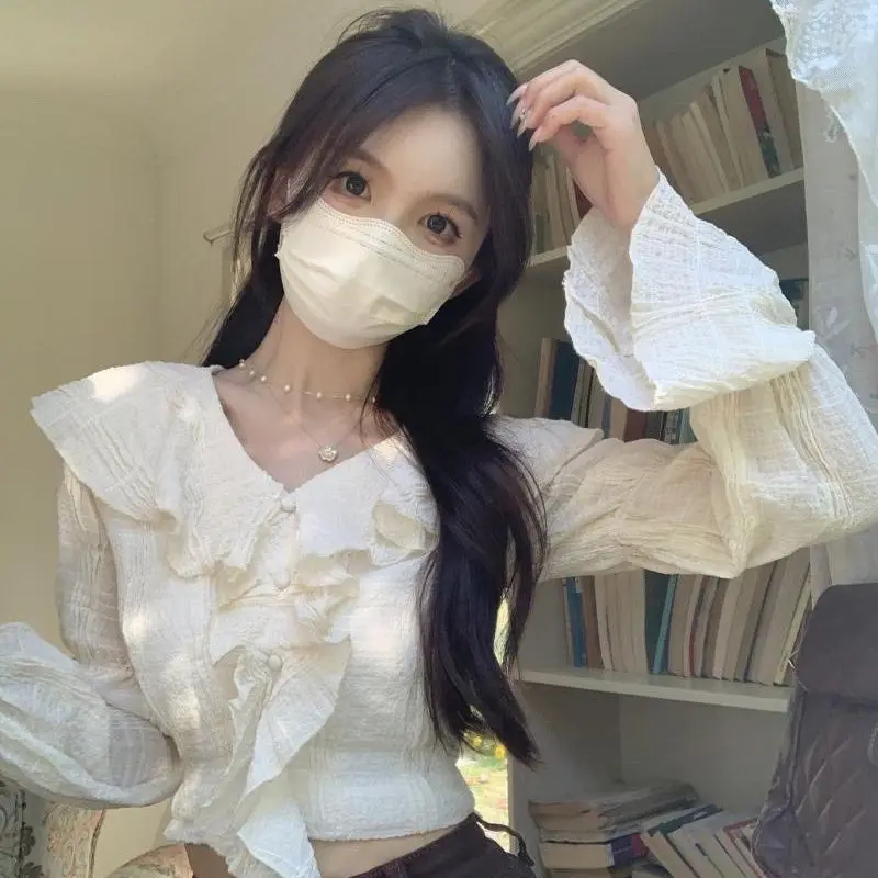 

Топ для девочек, приталенная рубашка с рюшами по краям, маленькая рубашка, рубашка с расклешенными рукавами, женская рубашка в стиле Pure Desire