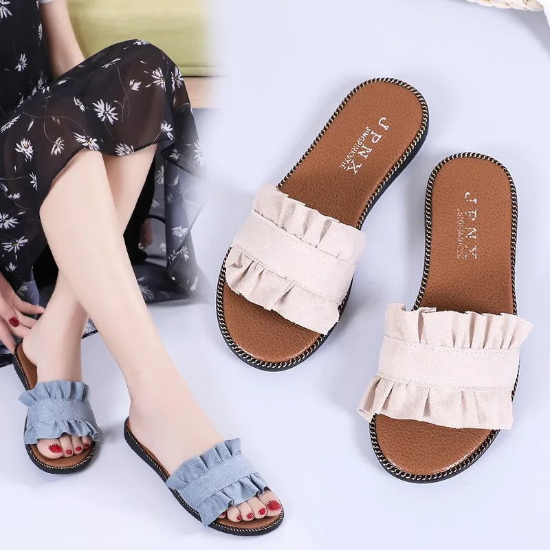 Big Size Women Slippers Candy Color Slides Woman Shoes Summer Flats Denim Slippers Lace Slide wrinkle Ladies Shoes zapatos mujer