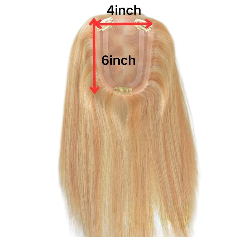 Hand Tied Human Hair Topper For Women Mono Pu Base 4x6inch 14inch Middle Part High Temperature Resistant