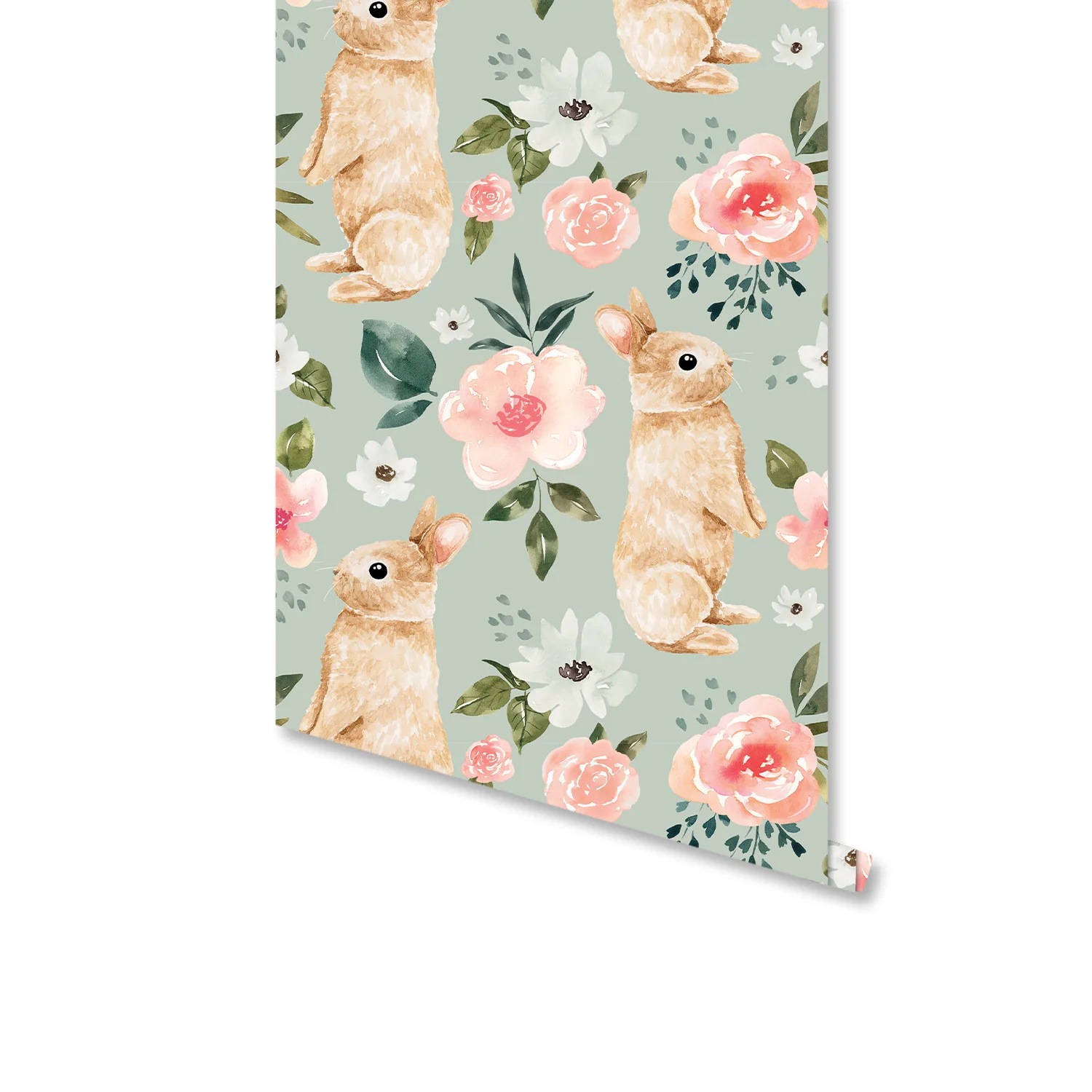 Sage Green Bunny Floral Wallpaper Rabbit Pink Flower Self Adhesive Removable Contact Paper for Baby Girl Nursery Kids Room Decor