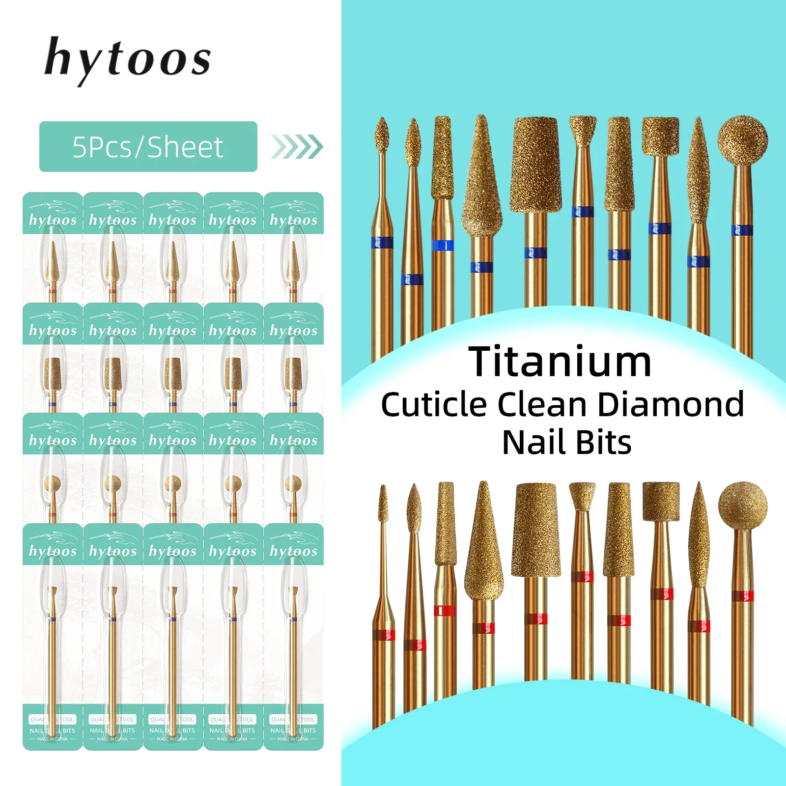 Hytoos 5 pçs/set titânio prego brocas diamante cutícula limpa prego bit segurança profissional cutícula pele morta ferramenta de limpeza de unhas