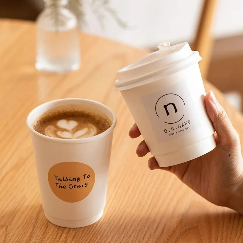 Disposable Double-layer Paper Cup Coffee Latte Cold Drink Hot Drink Cup Thickened with Lid Disposable Paper Cup - view 2