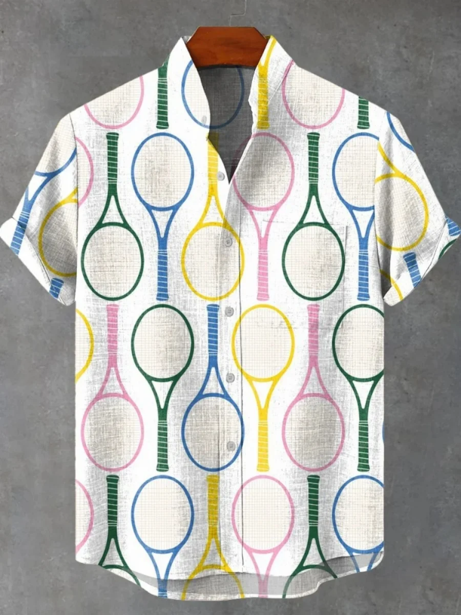 2025 masculino raquete de tênis padrão camisa de manga curta verão vintage nova camisa de linho masculino de manga curta lazer férias streetwe