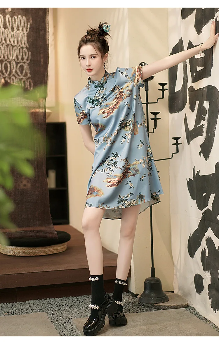 FZSLCYIYI Fashion Printed Party Cheongsam Dress Women Summer Loose Short Sleeve Qipao Traditional Chinese Clothes