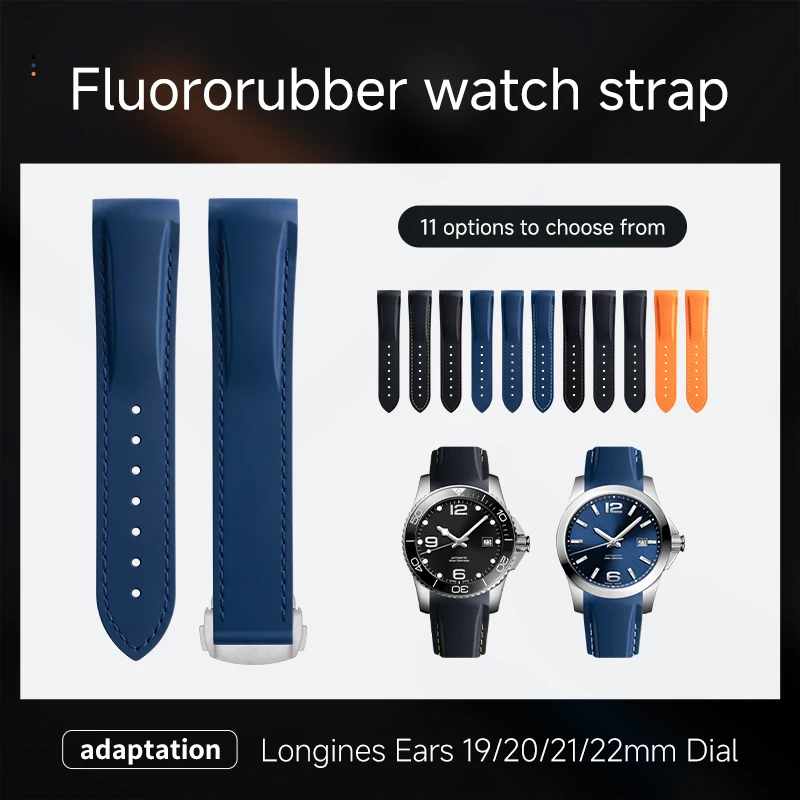 Curved Lug Fluororubber Strap for Longines Watchband Conquest GMT Zulu Time Diving Replacement Watchband 19/21mm Watch Accessory