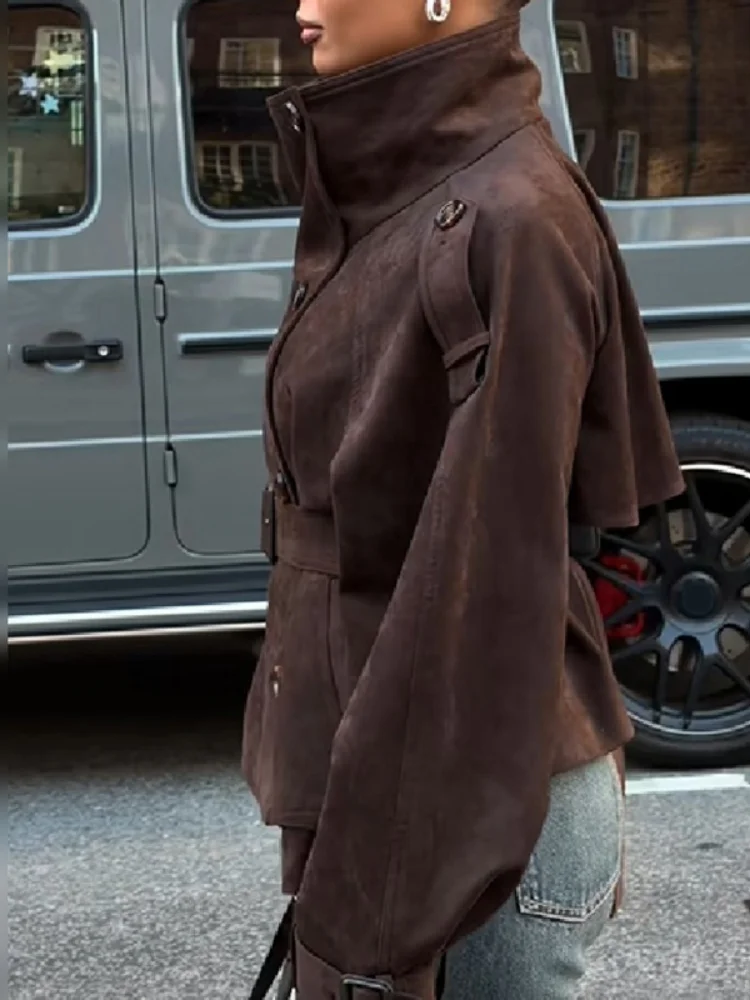 Herbst-Winter Damen Kurze Trenchjacke aus Kunstwildleder, Doppelreihig, Stehkragen, mit Gürtel, schmale Passform, lässiger Oberbekleidungsmantel – Detail 5