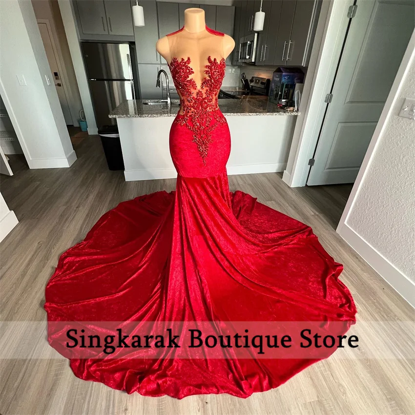 Red Diamonds Long Prom Dress For Black Girls Velvet Crystal Gems Rhinestones Gown Birthday Party Gowns Robe Customized