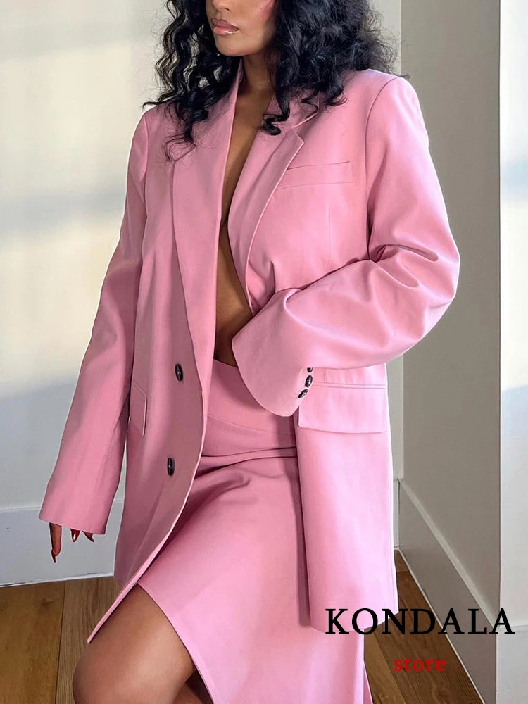 KONDALA Office Lady Pink Women Suits Long Sleeve V Neck Oversized Blazer+High Waist Sheath Mini Skirts Fashion 2023 Vintage Sets