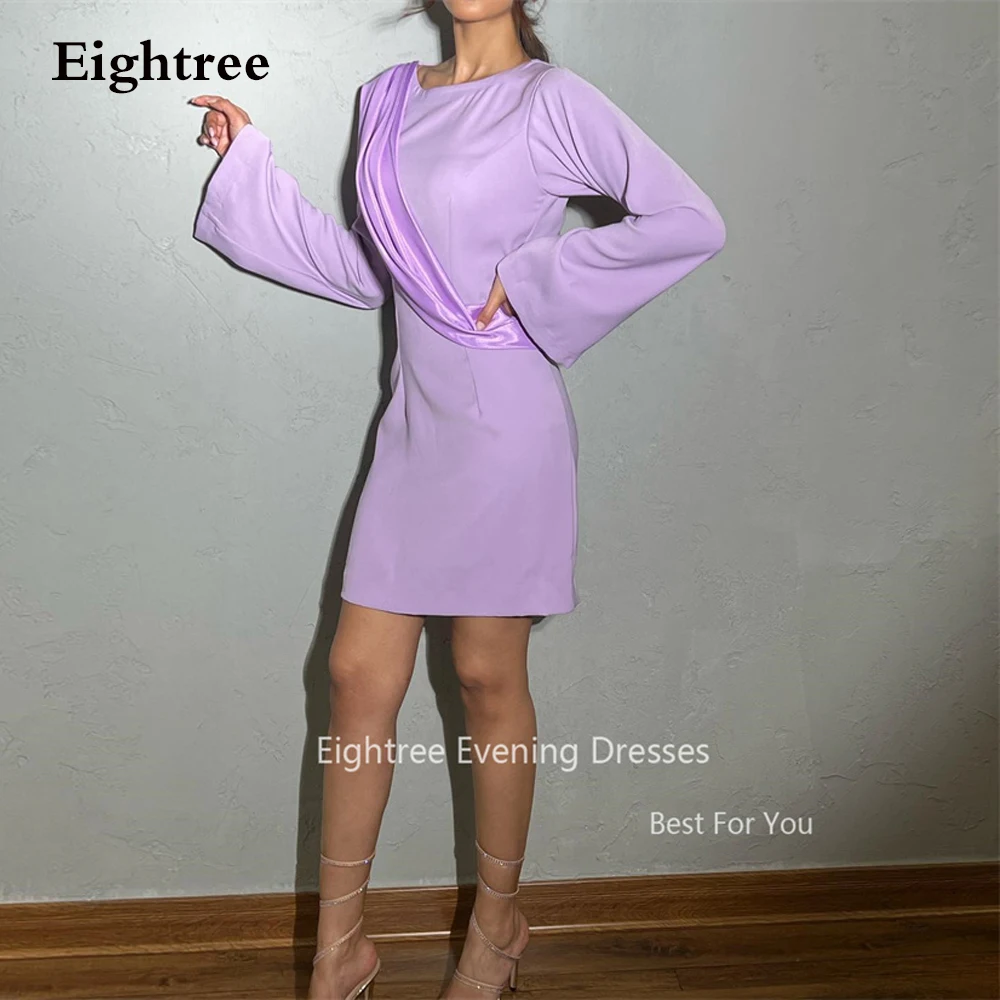 

Eightree Simple Purple Short Evening Party Dresses O Neck Long Sleeves Satin Mini Cocktail Dress Homecoming Dress Bespoke Skirt