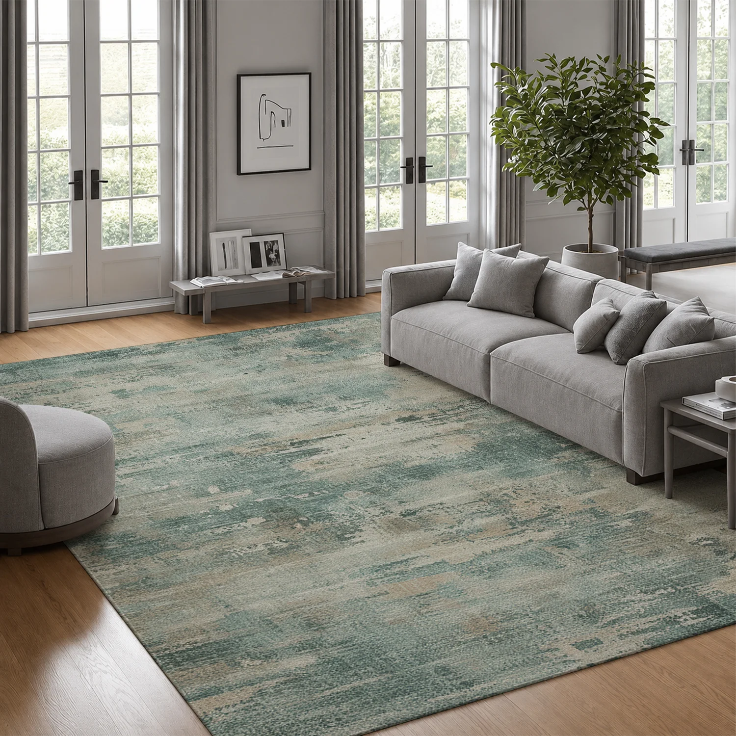 Large Indoor Area Rug, Soft Velvet Low Pile Non-slip Dotted Backing, Machine Washable Abstract Muted Teal Beige Brush Pattern Rug for Living Room Bedroom, Cozy Home Floor Decor