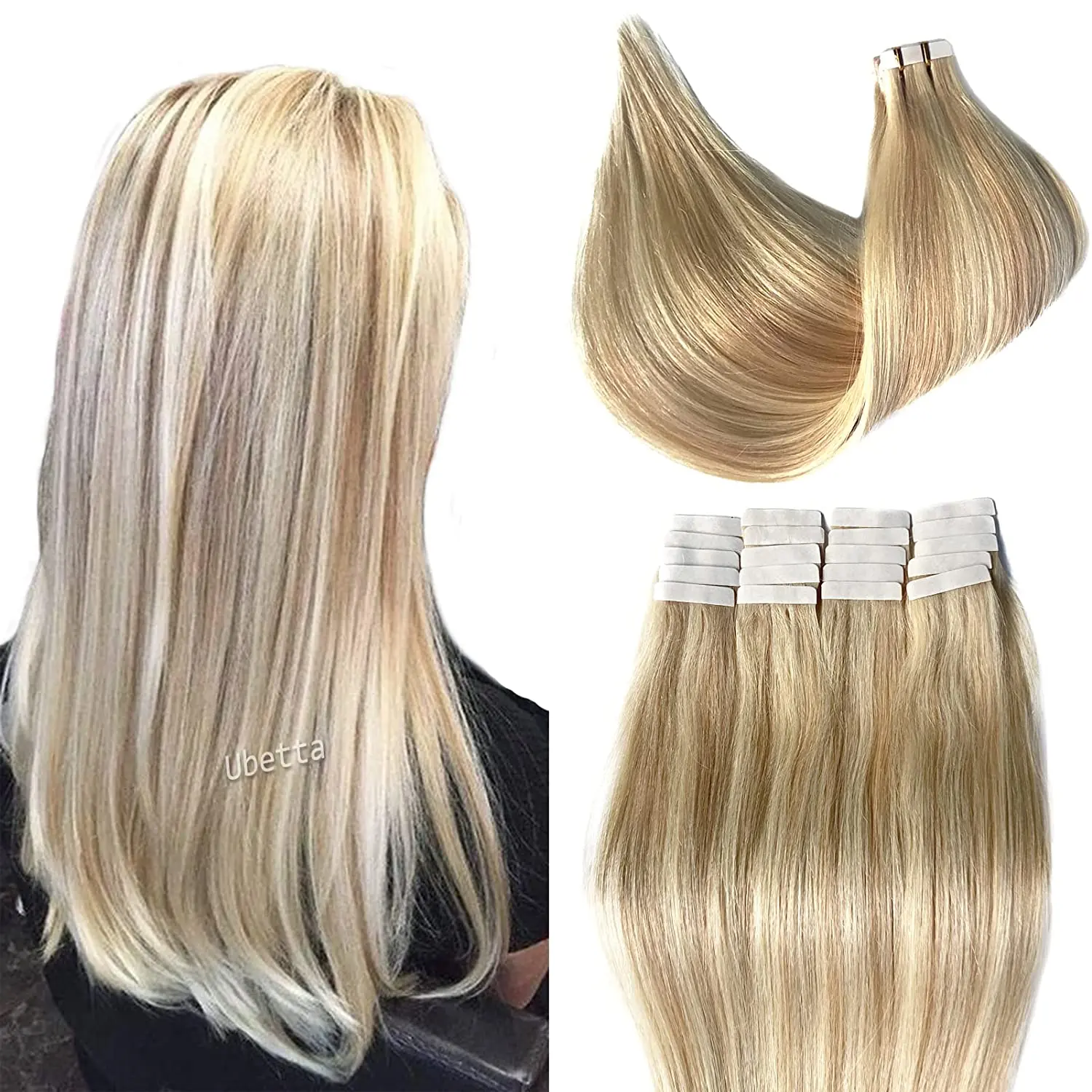 

Tape in Hair Extensions Human Hair Golden Blonde to Light Blonde Highlights Tape in Extensions Invisible Tape in Hair Extensions