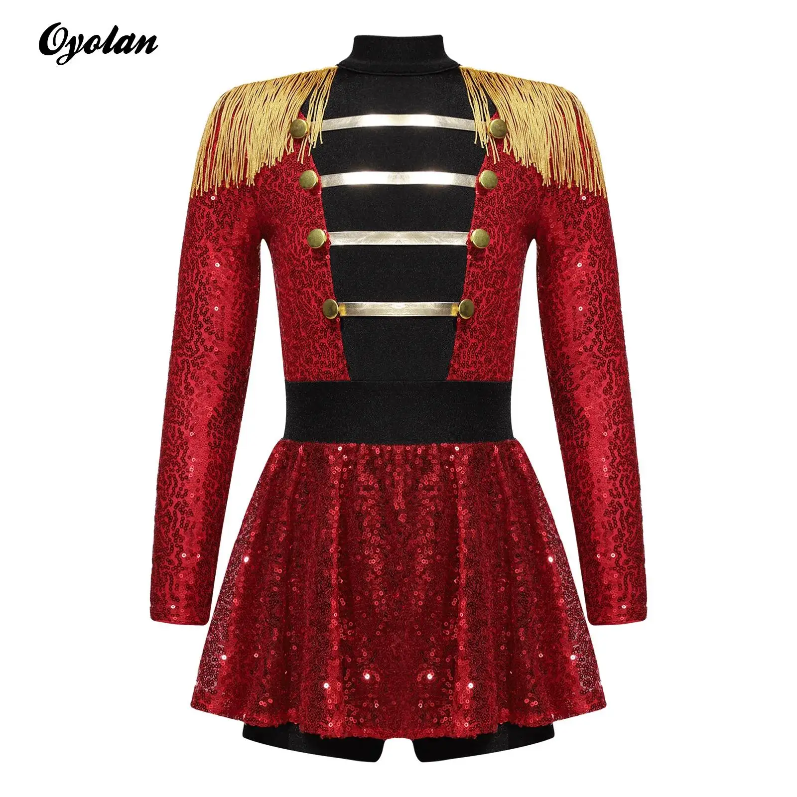 

Girls Ringmaster Circus Magician Cosplay Costume Tassel Epaulet Shiny Sequins Lion Tamer Theme Modern Jazz Dress Jumpsuit