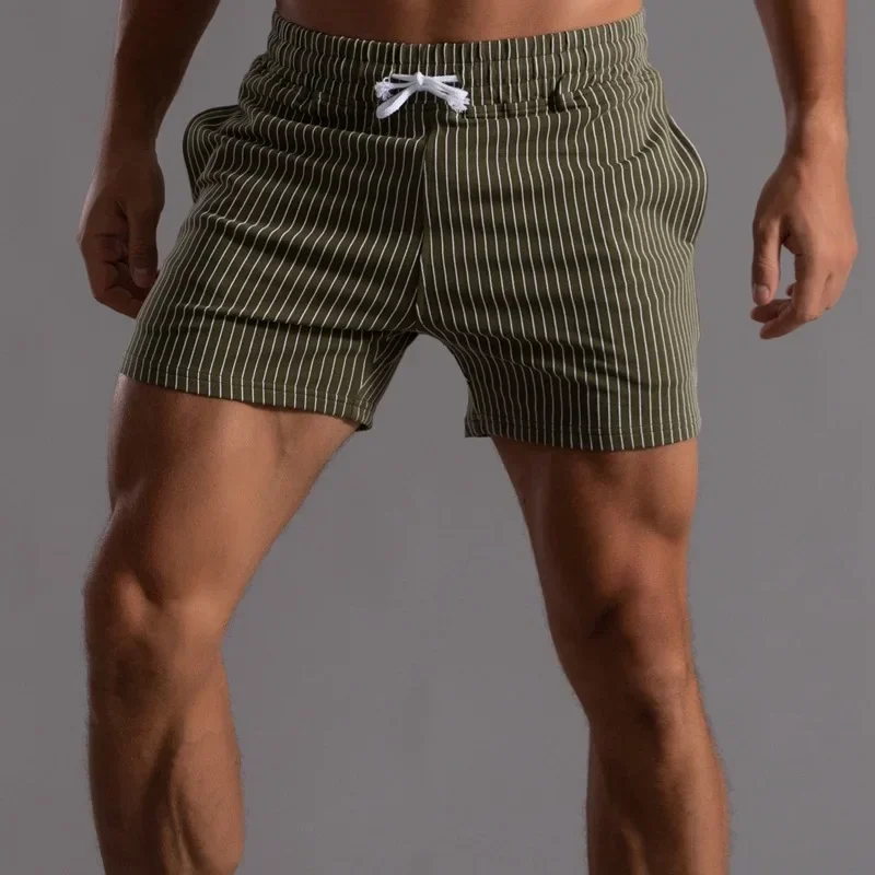 Men's Vertical Stripe Pure Cotton Shorts Sweatpants Casual Fitness Running Pants Military Green