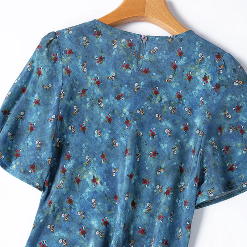 Robe mi-longue en soie pour femmes, 100% soie de mûrier, bleu foncé, petit imprimé Floral, manches courtes, Type queue de poisson, robe longue, M1428