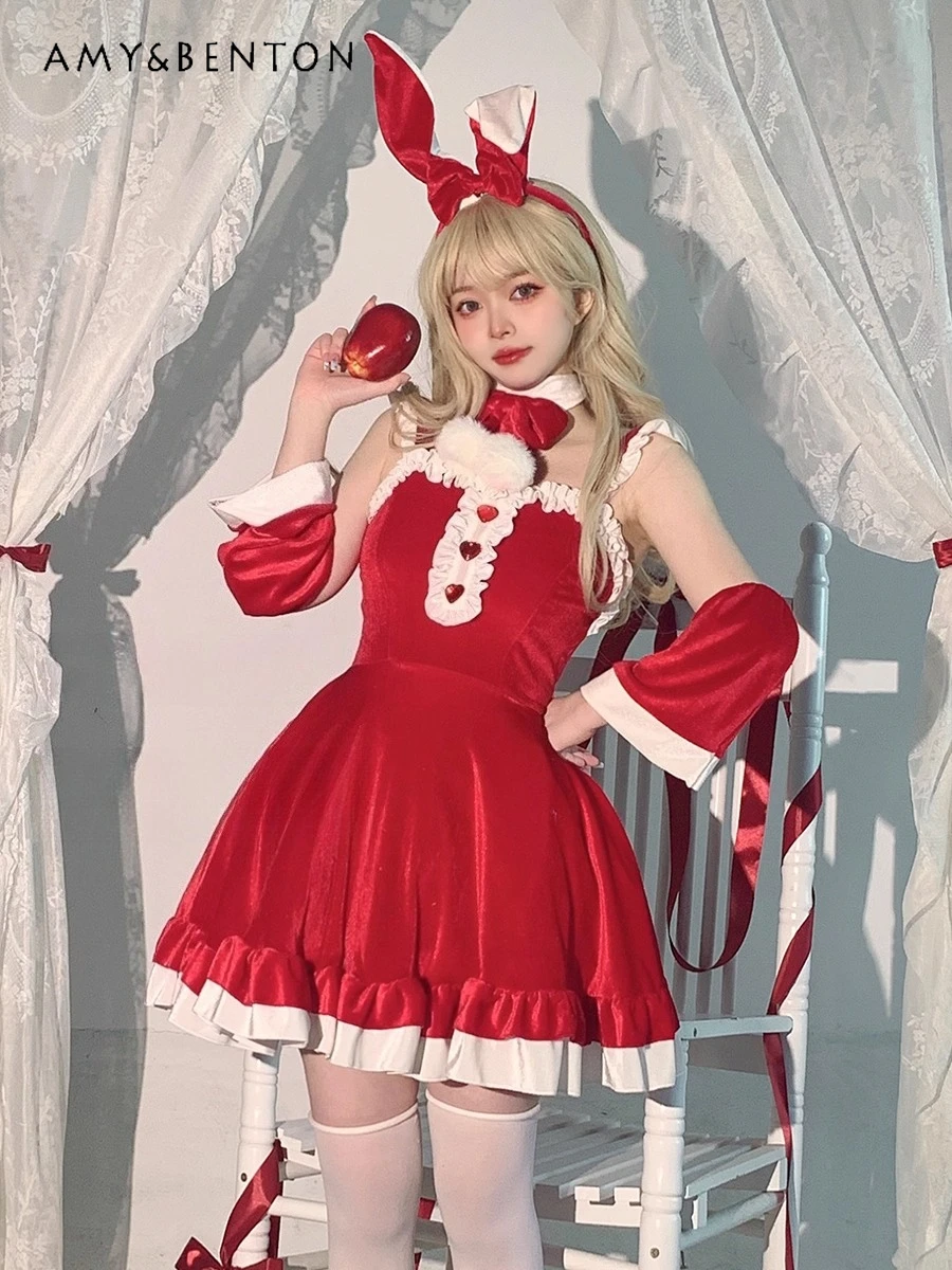 

2025 Autumn Winter New Hot Sale Sexy Red Cosplay Maid Costume Christmas Pink Strap Dress Petticoat Stockings and Headwear Set